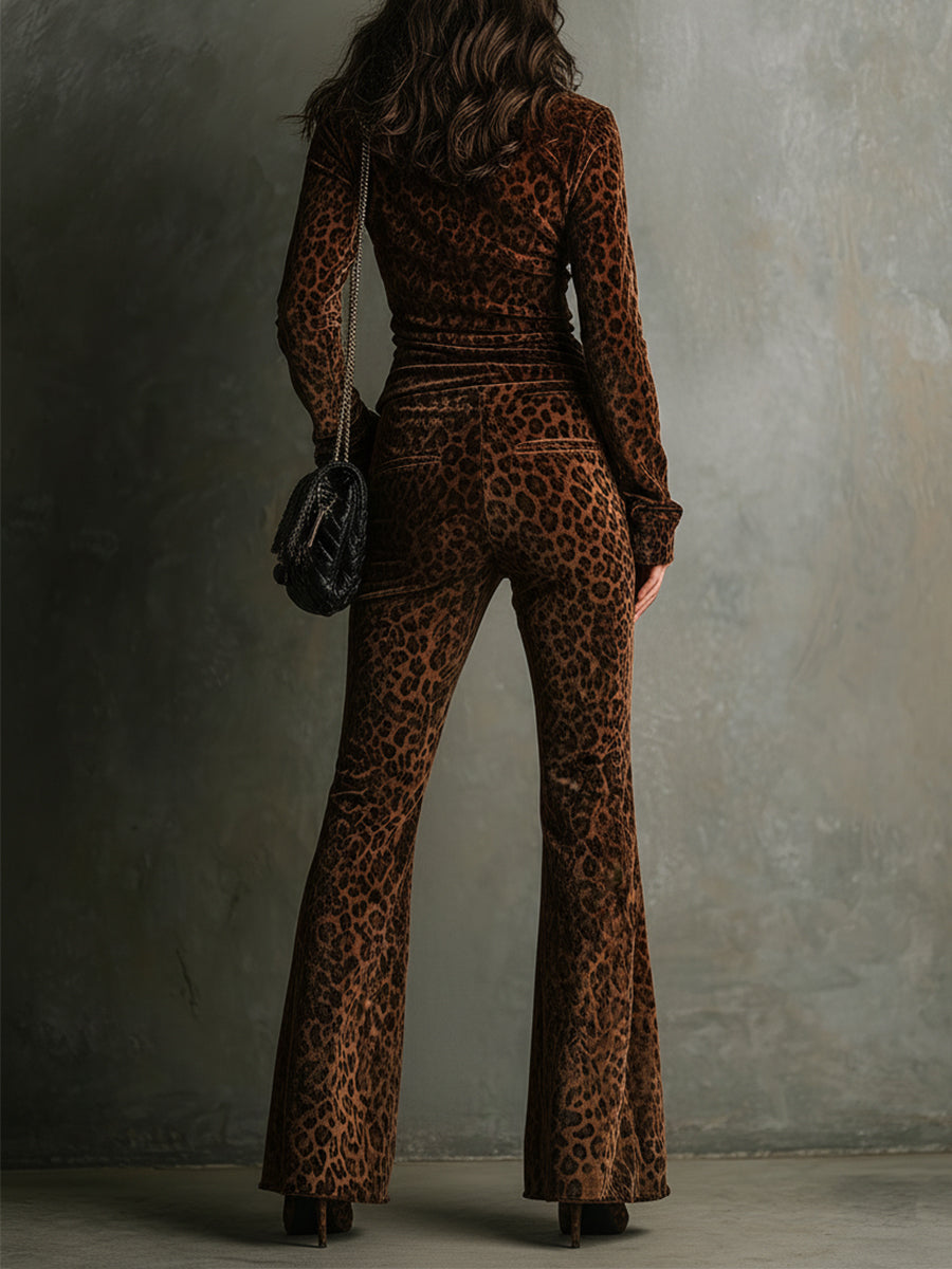 Vintage Velvet Leopard Print Stand Collar Top & Flared Pants Set - Eliza-Warszawa
