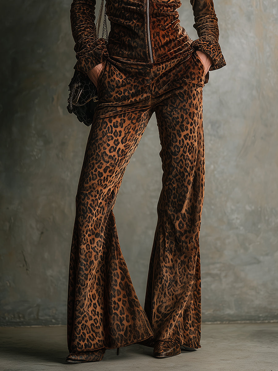 Vintage Velvet Leopard Print Stand Collar Top & Flared Pants Set - Eliza-Warszawa