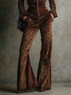 Vintage Velvet Leopard Print Stand Collar Top & Flared Pants Set - Eliza-Warszawa