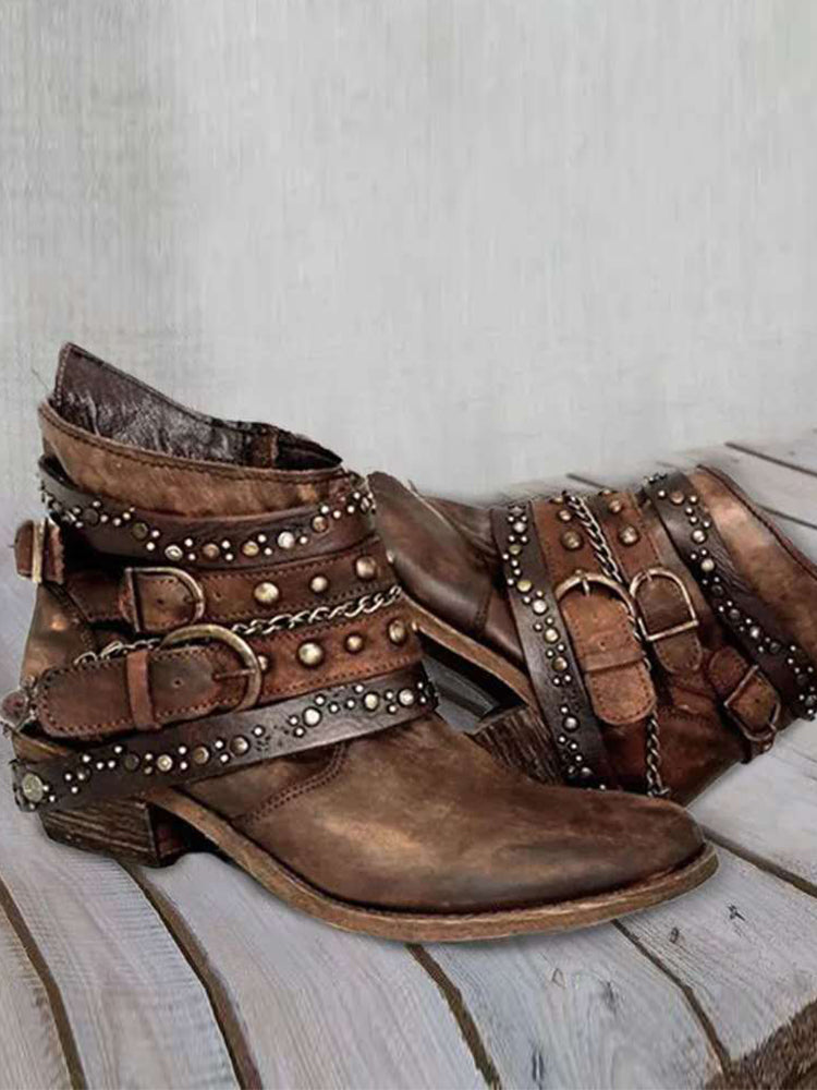 Vintage Washed Studded Buckles Ankle Boots - Eliza-Warszawa