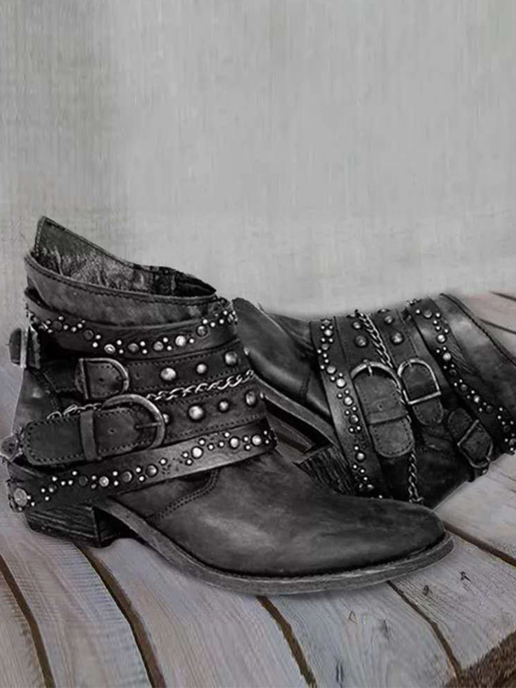 Vintage Washed Studded Buckles Ankle Boots - Eliza-Warszawa
