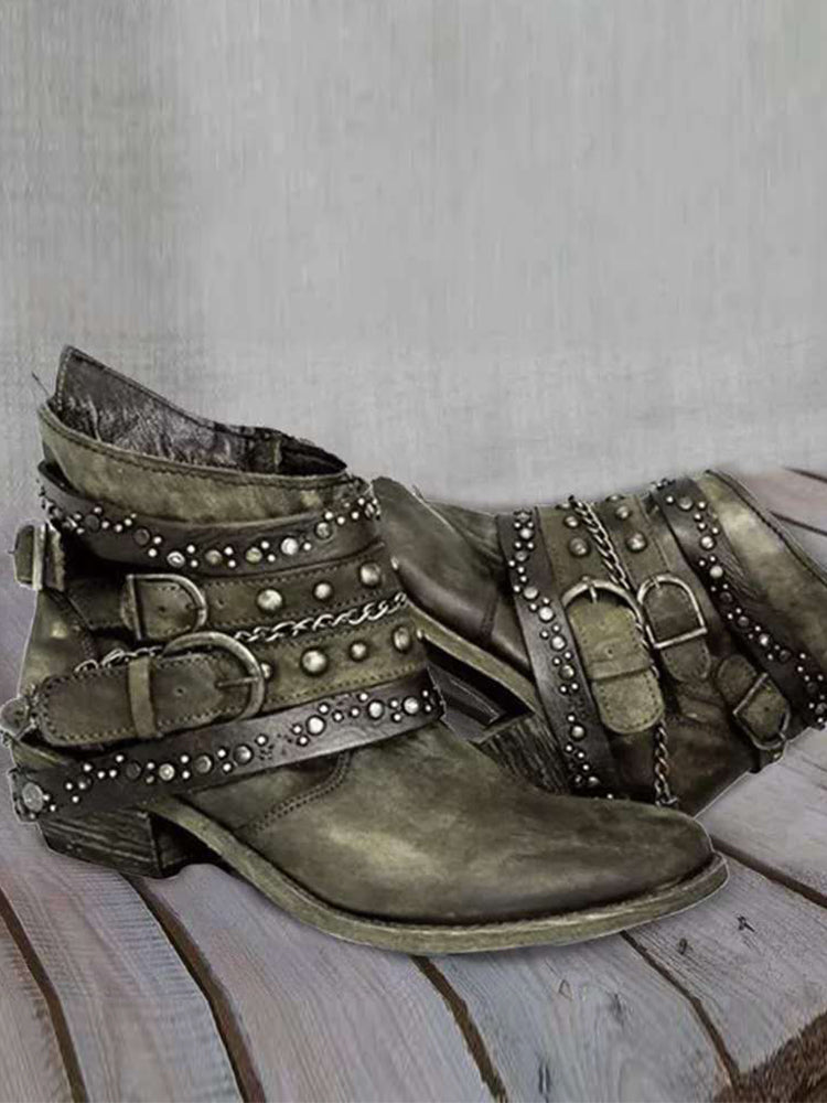 Vintage Washed Studded Buckles Ankle Boots - Eliza-Warszawa