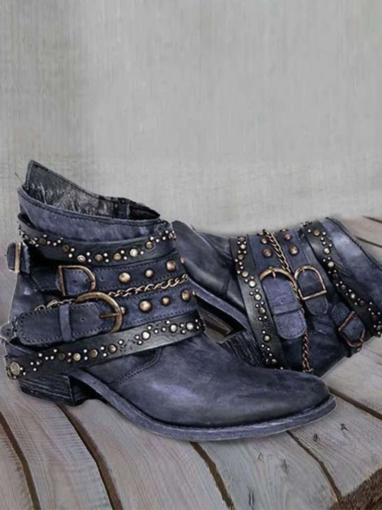 Vintage Washed Studded Buckles Ankle Boots - Eliza-Warszawa