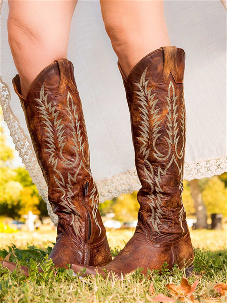 Vintage Western Cowboy Embroidered Knee-High Boots - Eliza-Warszawa