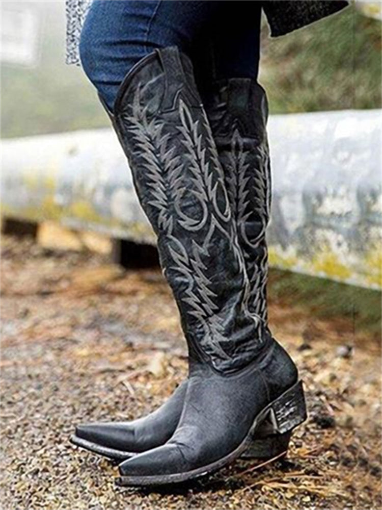 Vintage Western Cowboy Embroidered Knee-High Boots - Eliza-Warszawa