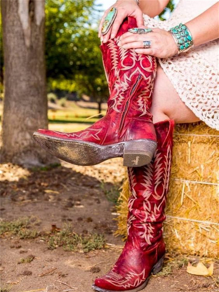 Vintage Western Cowboy Embroidered Knee-High Boots - Eliza-Warszawa