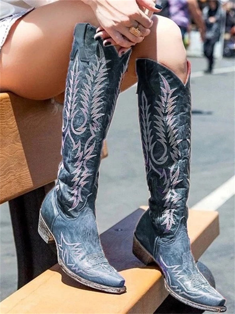 Vintage Western Cowboy Embroidered Knee-High Boots - Eliza-Warszawa