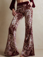 Vintage Western Paisley Print Burgundy Velvet Flared Pants - Eliza-Warszawa