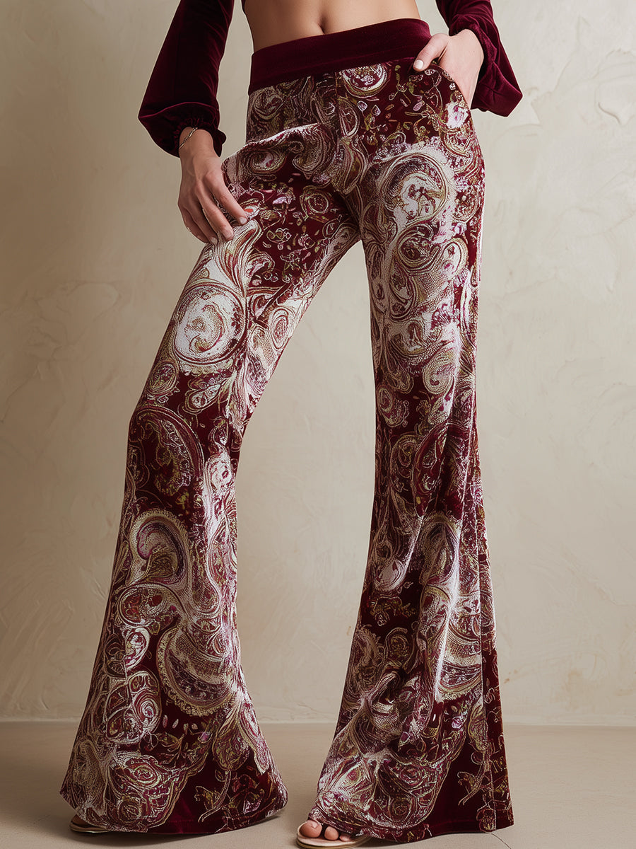 Vintage Western Paisley Print Burgundy Velvet Flared Pants - Eliza-Warszawa