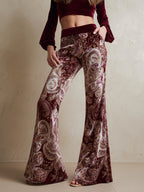 Vintage Western Paisley Print Burgundy Velvet Flared Pants - Eliza-Warszawa
