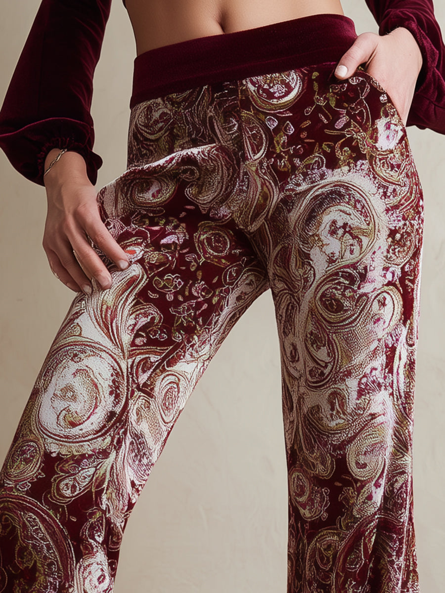 Vintage Western Paisley Print Burgundy Velvet Flared Pants - Eliza-Warszawa