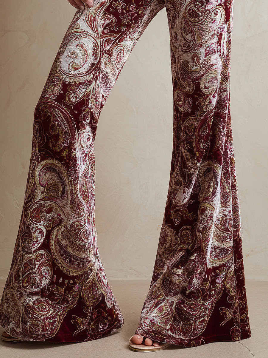 Vintage Western Paisley Print Burgundy Velvet Flared Pants - Eliza-Warszawa