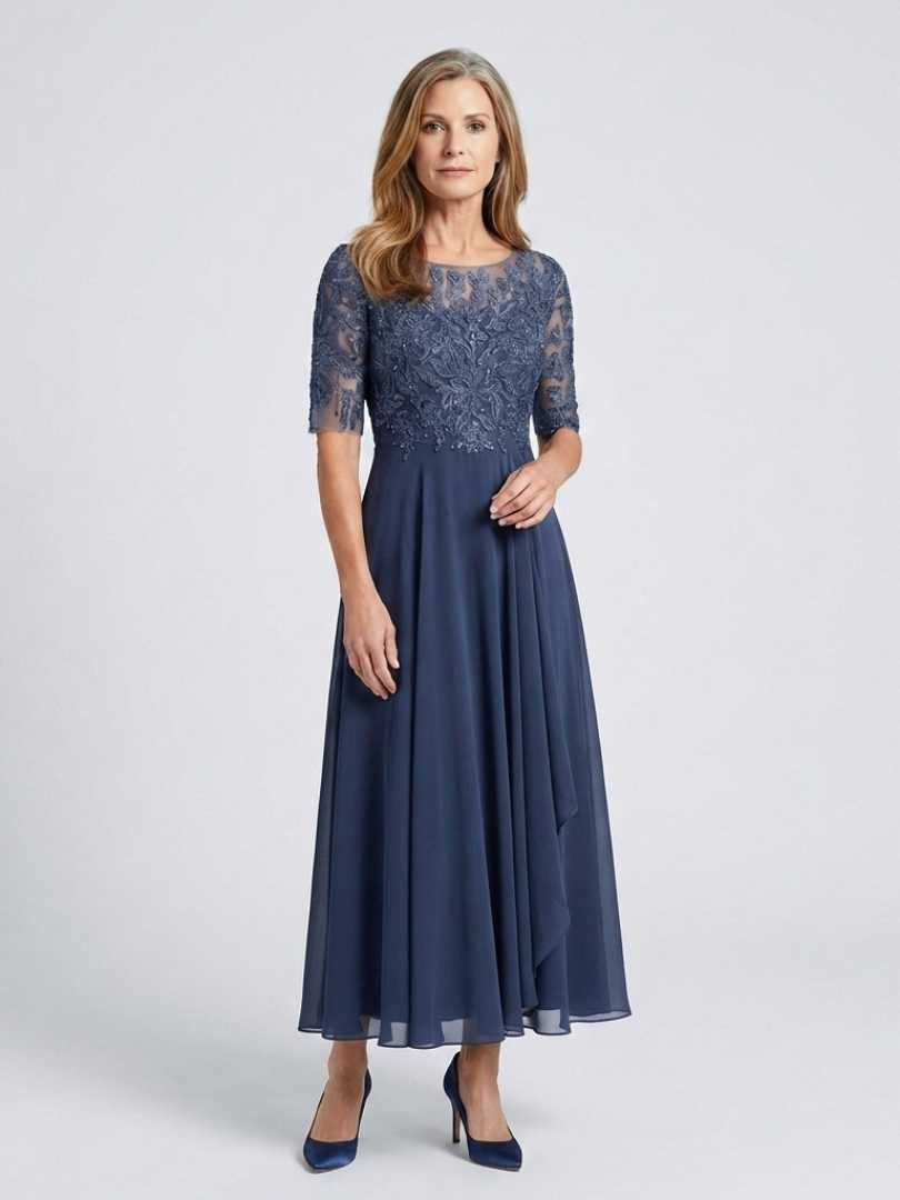 Vivian | Midi Dress with Lace Bodice and 3/4 Sleeves - Eliza-Warszawa