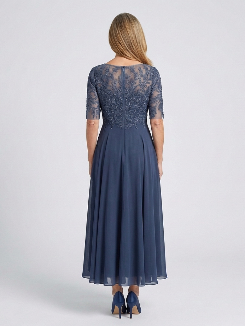 Vivian | Midi Dress with Lace Bodice and 3/4 Sleeves - Eliza-Warszawa