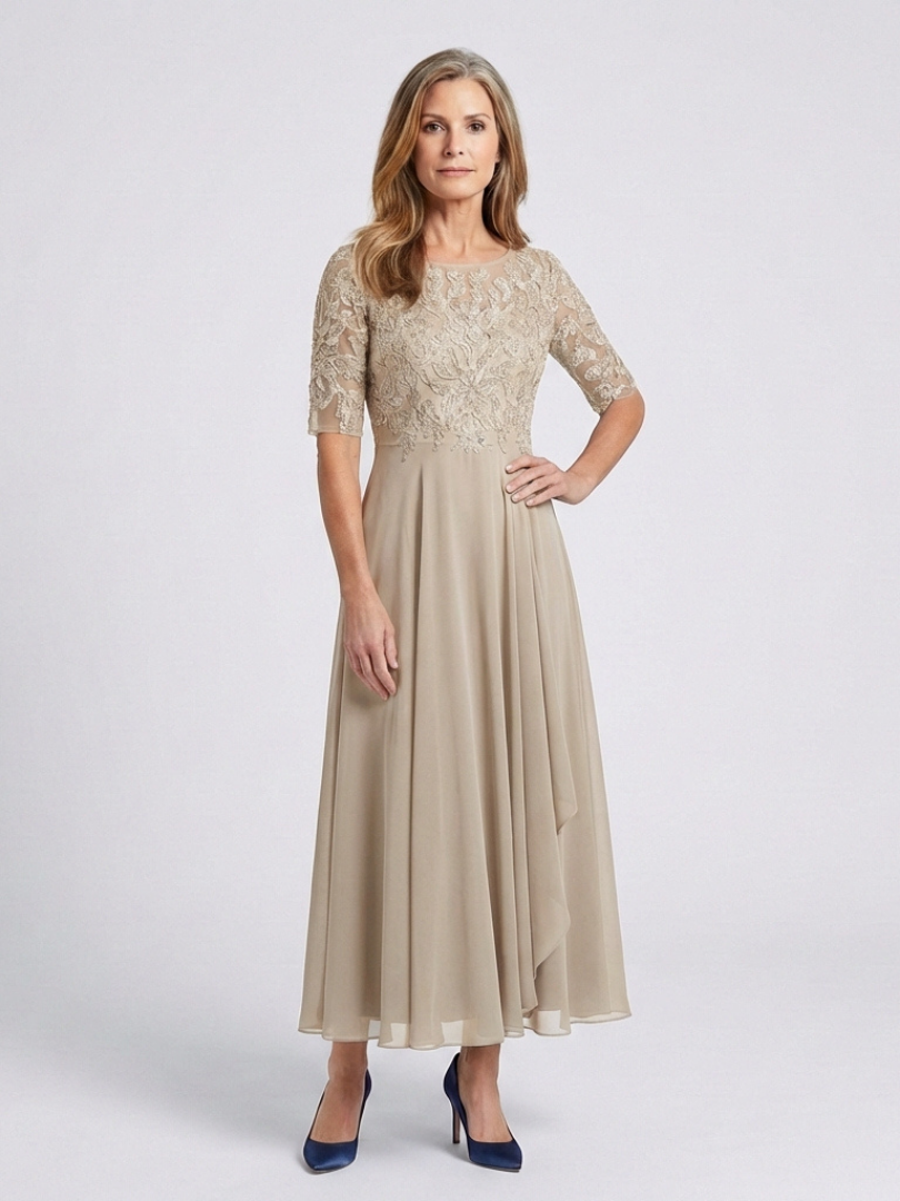 Vivian | Midi Dress with Lace Bodice and 3/4 Sleeves - Eliza-Warszawa