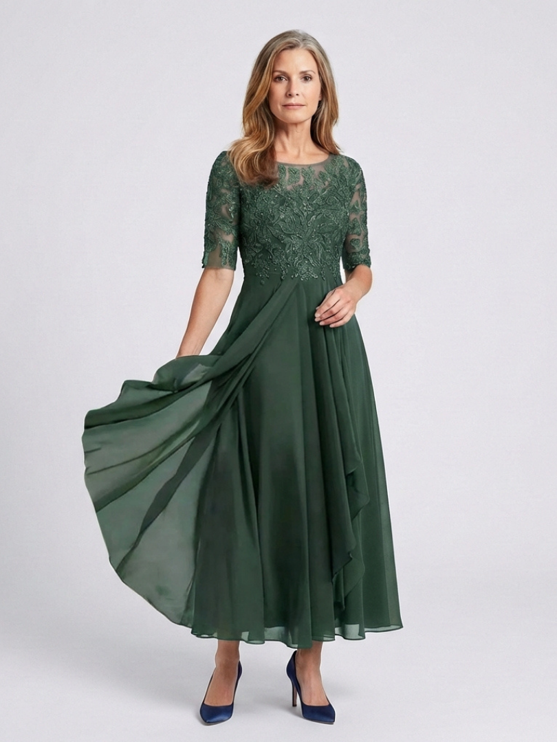 Vivian | Midi Dress with Lace Bodice and 3/4 Sleeves - Eliza-Warszawa