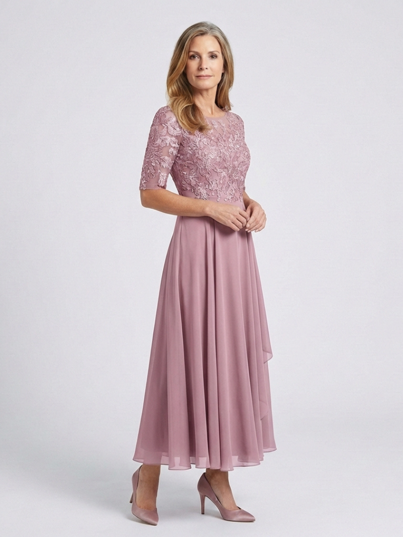 Vivian | Midi Dress with Lace Bodice and 3/4 Sleeves - Eliza-Warszawa