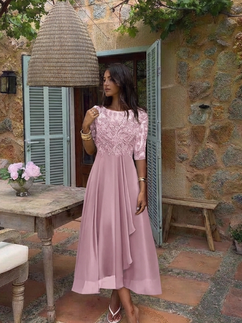 Vivian | Midi Dress with Lace Bodice and 3/4 Sleeves - Eliza-Warszawa
