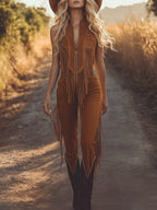 Western Fringed Brown Suede Vest Zip-Up Jumpsuit - Eliza-Warszawa