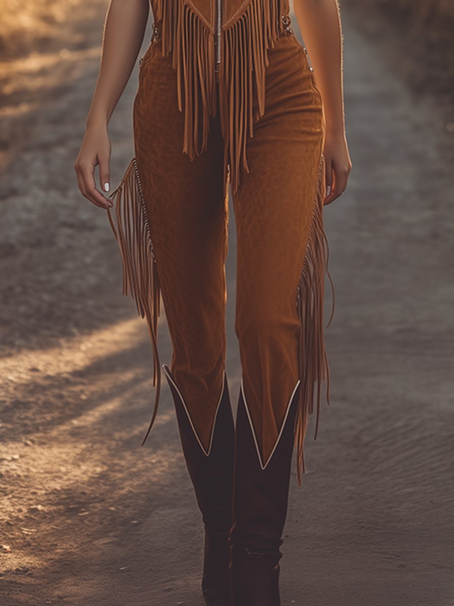 Western Fringed Brown Suede Vest Zip-Up Jumpsuit - Eliza-Warszawa