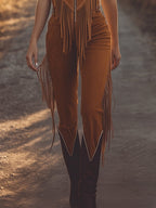 Western Fringed Brown Suede Vest Zip-Up Jumpsuit - Eliza-Warszawa