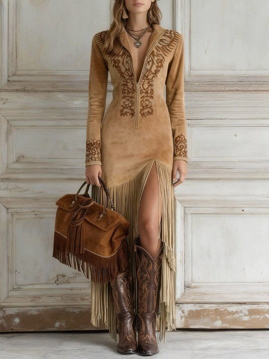Western Half-Zip Embroidered Faux Suede Fringe Maxi Dress - Eliza-Warszawa