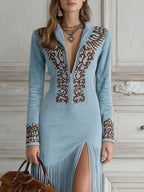 Western Half-Zip Embroidered Faux Suede Fringe Maxi Dress - Eliza-Warszawa