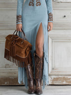 Western Half-Zip Embroidered Faux Suede Fringe Maxi Dress - Eliza-Warszawa