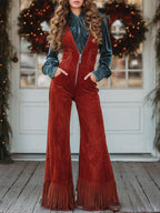 Western Retro V-neck Zipper Red Faux Suede Wide-leg Tassel Overalls - Eliza-Warszawa