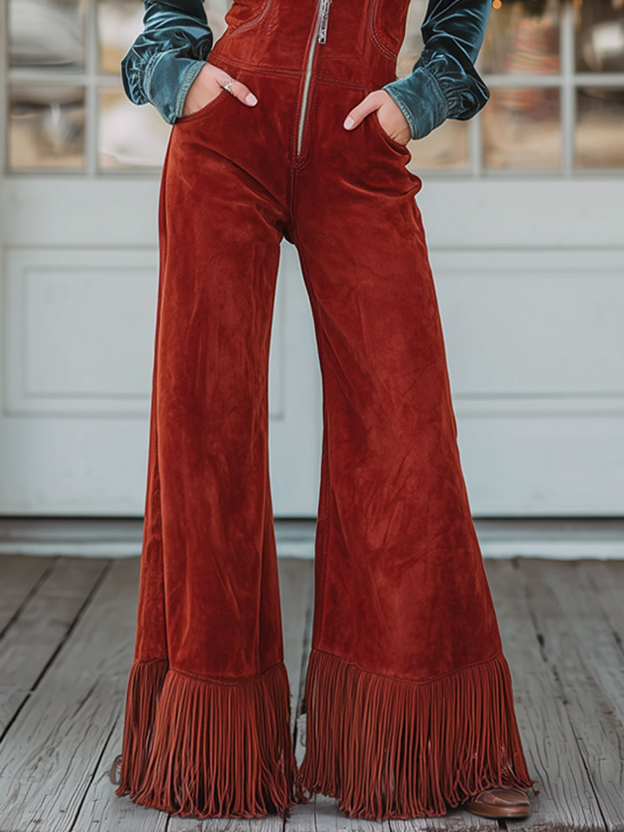 Western Retro V-neck Zipper Red Faux Suede Wide-leg Tassel Overalls - Eliza-Warszawa