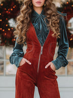 Western Retro V-neck Zipper Red Faux Suede Wide-leg Tassel Overalls - Eliza-Warszawa