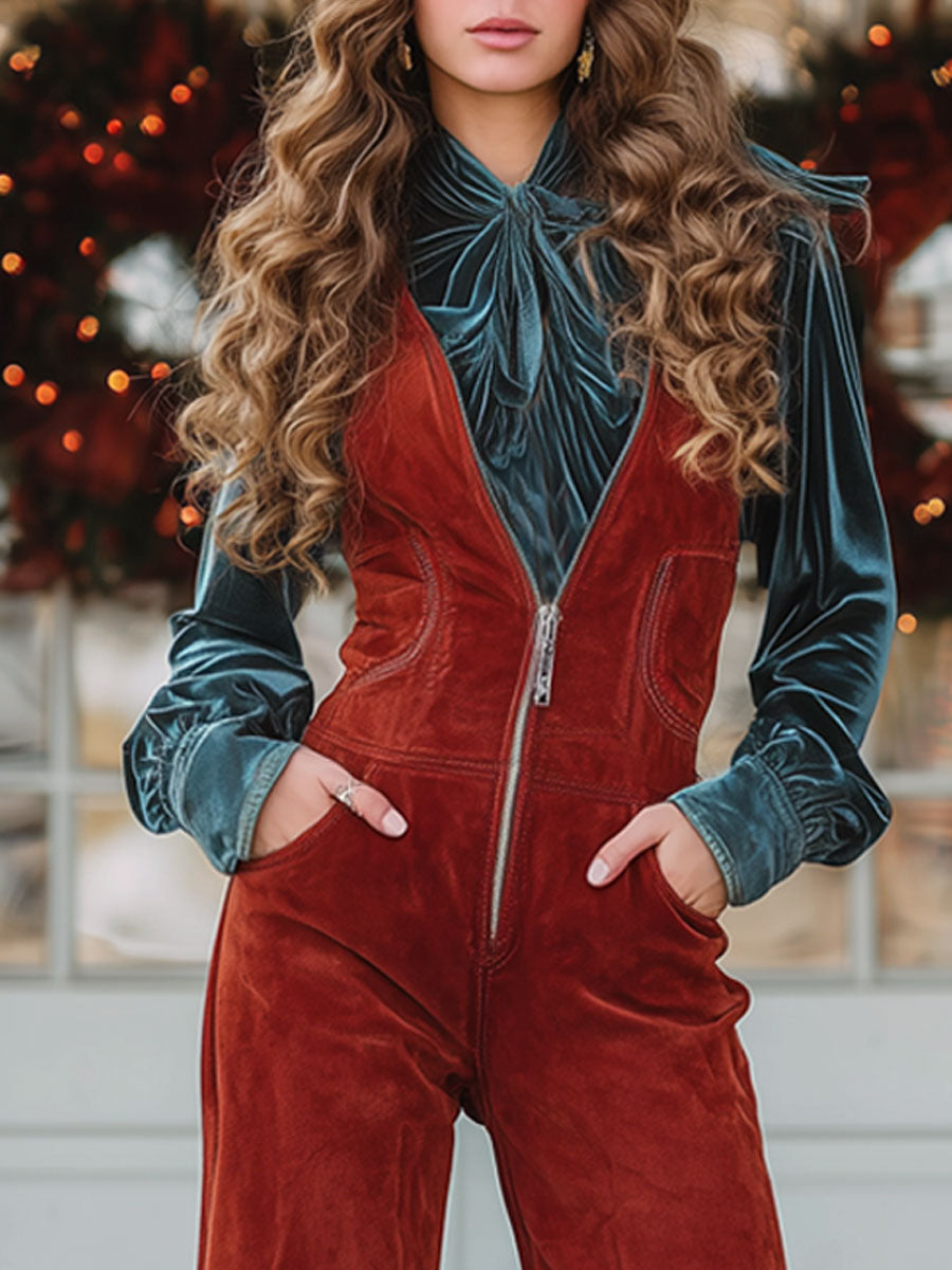 Western Retro V-neck Zipper Red Faux Suede Wide-leg Tassel Overalls - Eliza-Warszawa