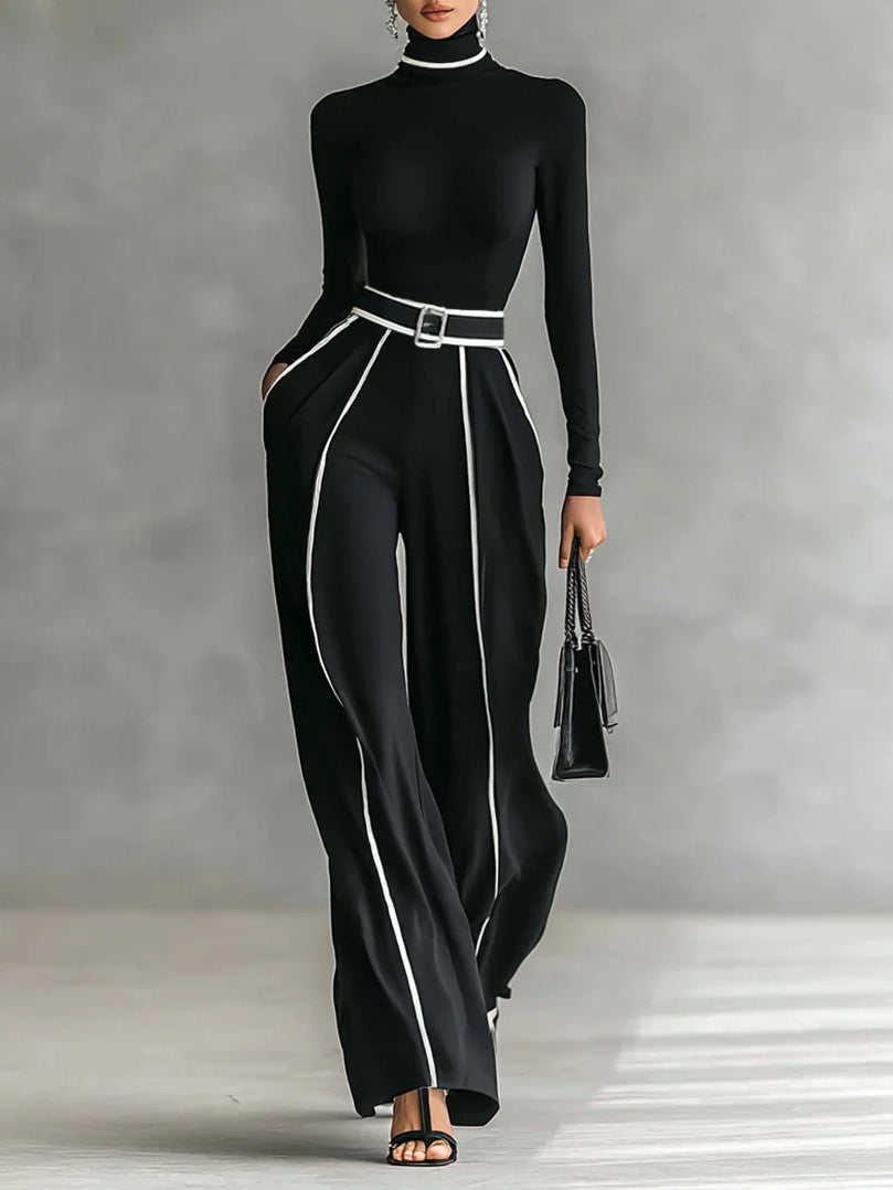 White Trim High-neck Long-sleeved Top With Wide-leg Pants and Belt Set - Eliza-Warszawa