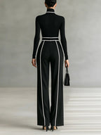 White Trim High-neck Long-sleeved Top With Wide-leg Pants and Belt Set - Eliza-Warszawa