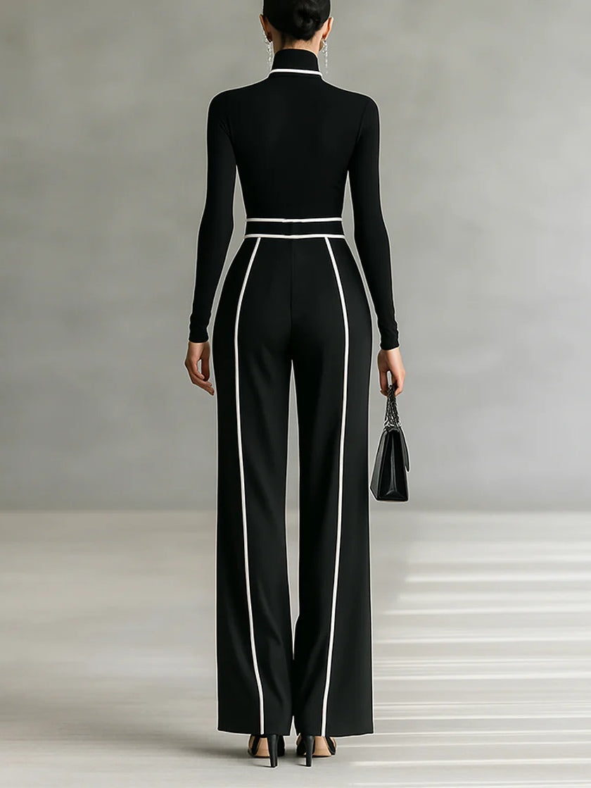 White Trim High-neck Long-sleeved Top With Wide-leg Pants and Belt Set - Eliza-Warszawa