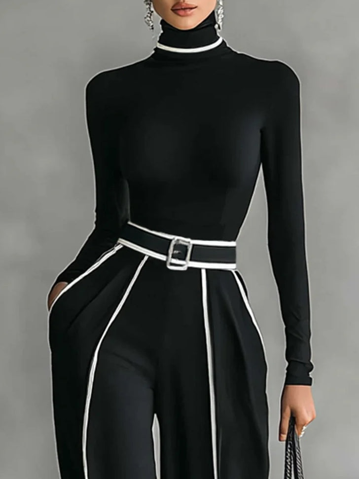 White Trim High-neck Long-sleeved Top With Wide-leg Pants and Belt Set - Eliza-Warszawa