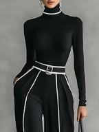 White Trim High-neck Long-sleeved Top With Wide-leg Pants and Belt Set - Eliza-Warszawa