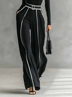White Trim High-neck Long-sleeved Top With Wide-leg Pants and Belt Set - Eliza-Warszawa
