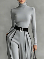 White Trim High-neck Long-sleeved Top With Wide-leg Pants and Belt Set - Eliza-Warszawa