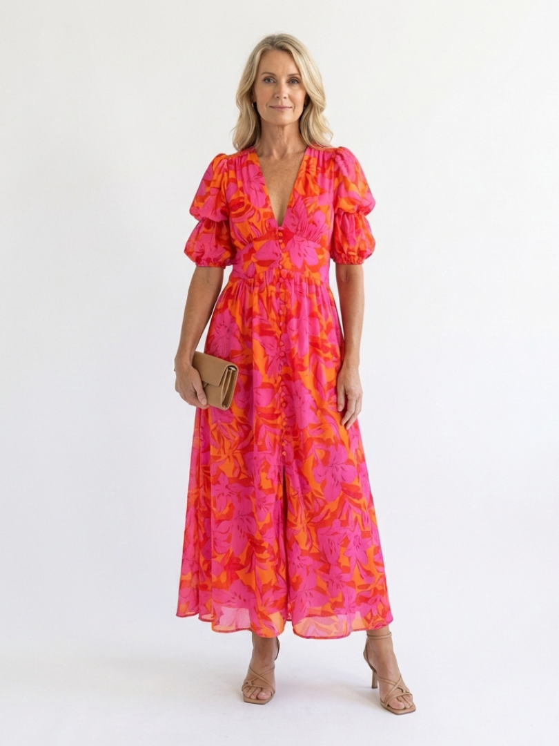 Willow - Floral V Neck Puff Sleeve Midi Dress - Eliza-Warszawa