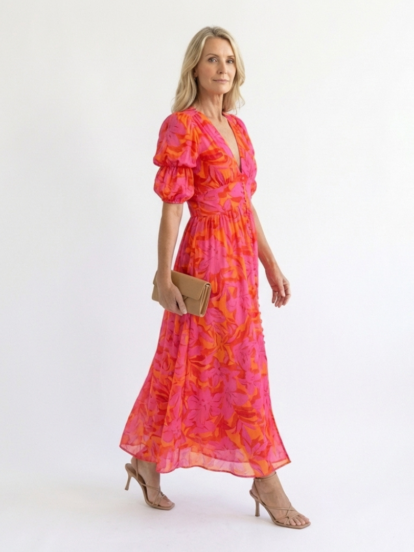 Willow - Floral V Neck Puff Sleeve Midi Dress - Eliza-Warszawa