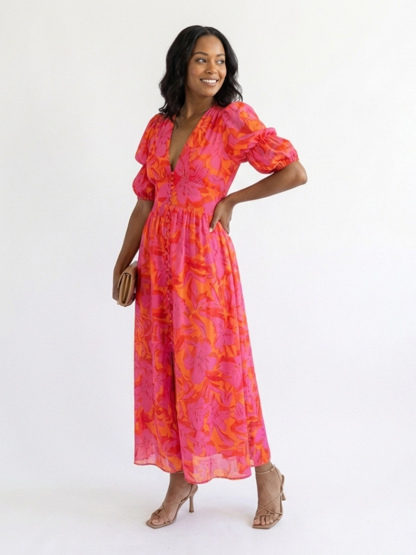 Willow - Floral V Neck Puff Sleeve Midi Dress - Eliza-Warszawa