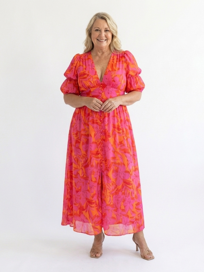 Willow - Floral V Neck Puff Sleeve Midi Dress - Eliza-Warszawa