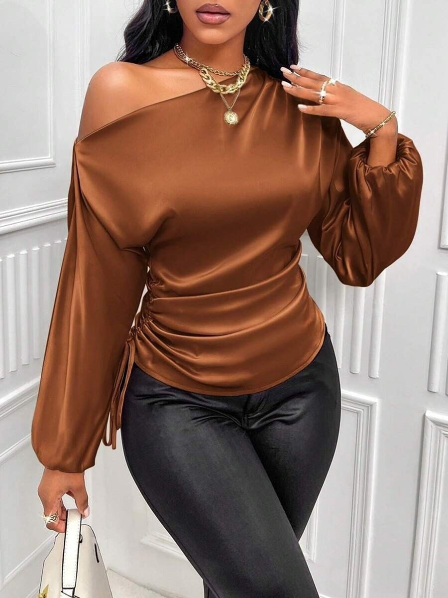 Women's Asymmetrical Long-Sleeved Satin Blouse with Slanted Collar - Eliza-Warszawa