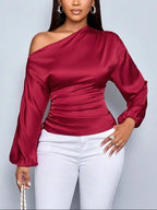Women's Asymmetrical Long-Sleeved Satin Blouse with Slanted Collar - Eliza-Warszawa