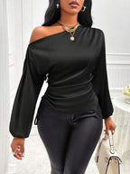 Women's Asymmetrical Long-Sleeved Satin Blouse with Slanted Collar - Eliza-Warszawa