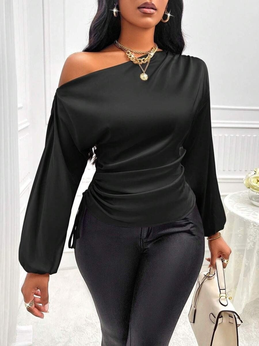 Women's Asymmetrical Long-Sleeved Satin Blouse with Slanted Collar - Eliza-Warszawa