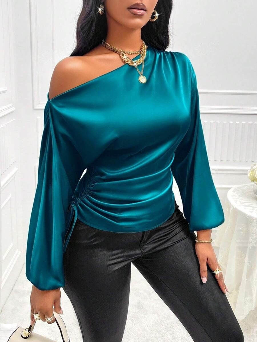 Women's Asymmetrical Long-Sleeved Satin Blouse with Slanted Collar - Eliza-Warszawa