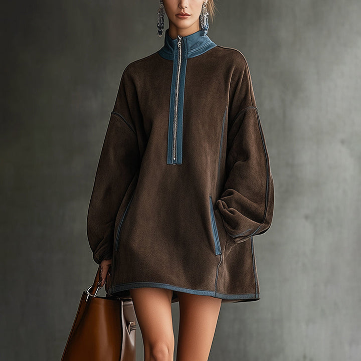 Women's Autumn And Winter Western Retro Suede Fabric Loose Casual Stand Collar Zipper Decoration Dress