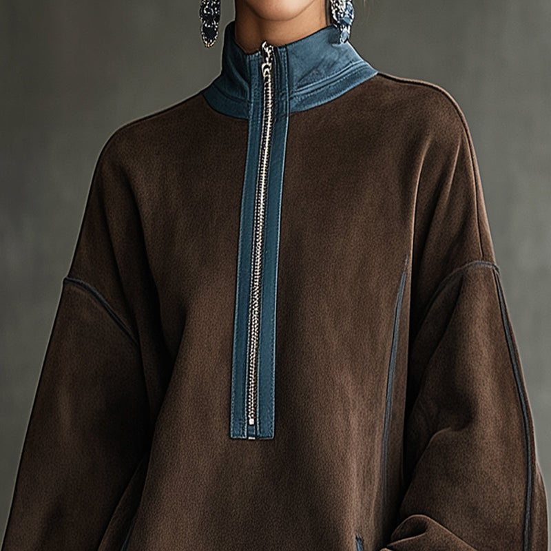 Women's Autumn And Winter Western Retro Suede Fabric Loose Casual Stand Collar Zipper Decoration Dress